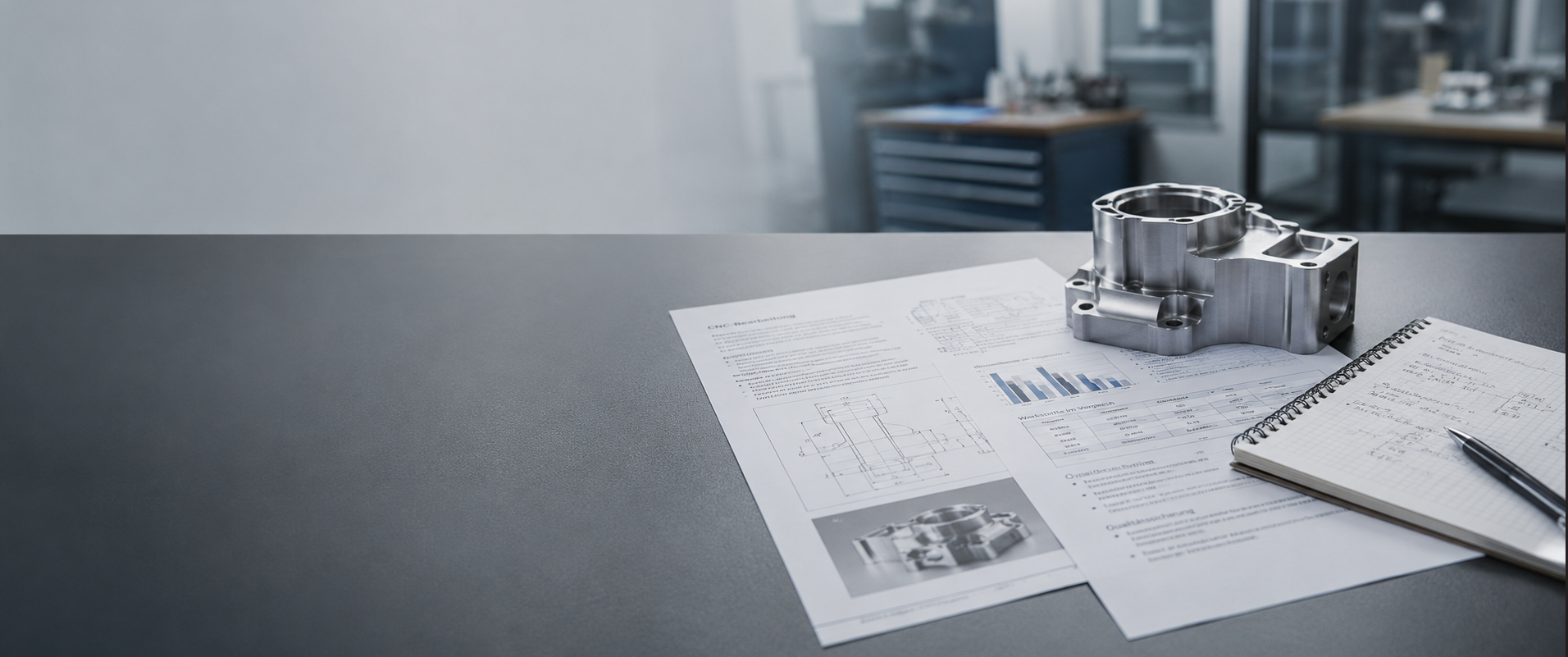 CNC-Fachartikel mit technischem Bauteil, Zeichnungen und Notizen