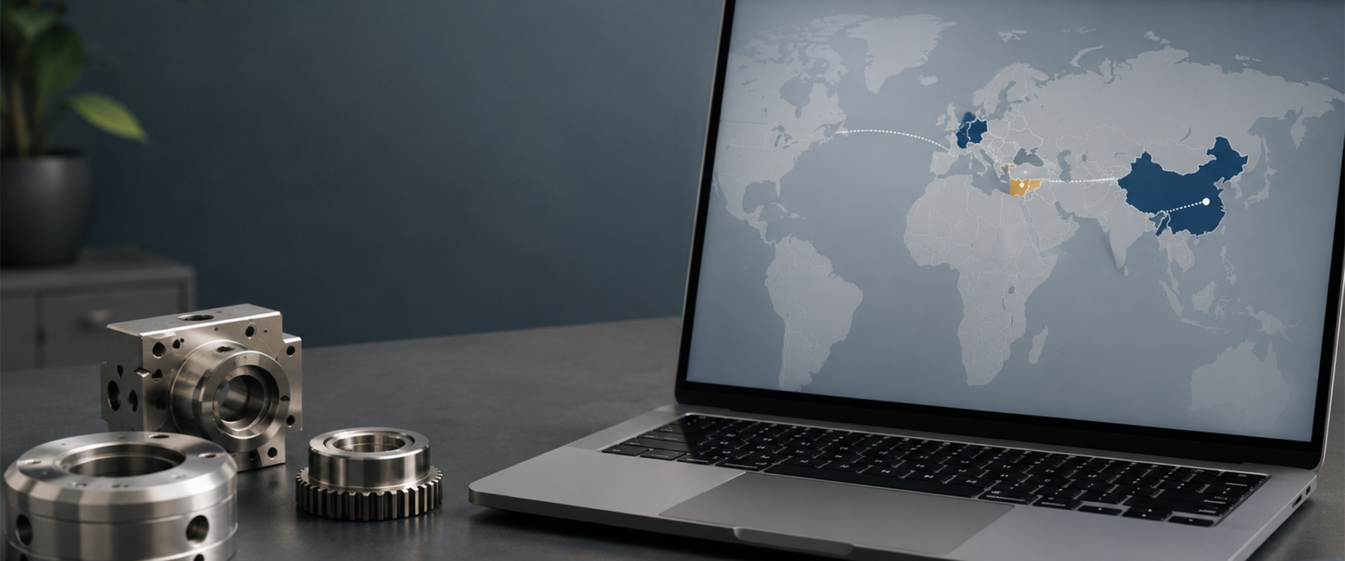 CNC-Bauteile und Sourcing-Karte auf einem Laptop